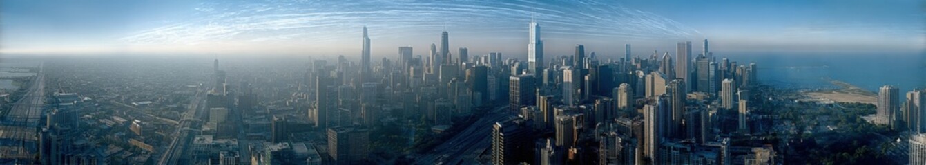 Wide aerial view of a modern city skyline with numerous skyscrapers and high-rise buildings under a clear blue sky du daytime