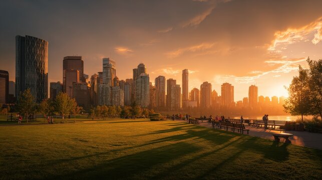 Vibrant city skyline at sunset with modern skyscrapers park benches and lush green grass in a scenic urban waterfront view
