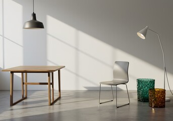 Minimalist Interior Design A Serene Dining Space Featuring Wooden Table, Sleek Chair, and Modern Lighting, Bathed in Natural Sunlight, Creating a Calm and Inviting Atmosphere