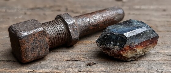A rusty metal bolt and a black crystal sit together on a wooden surface