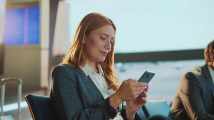 A businesswoman smiles while using her smartphone in a waiting area, possibly at an airport. Beside her, another person seems to be waiting as well.
 - Powered by Adobe