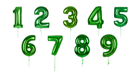 Green helium balloons shaped like numbers 0-9; PNG