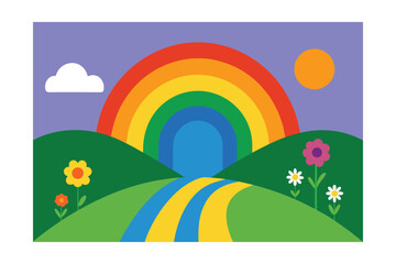 Fototapeta premium Rainbow Paths Hills Sun Wildflowers