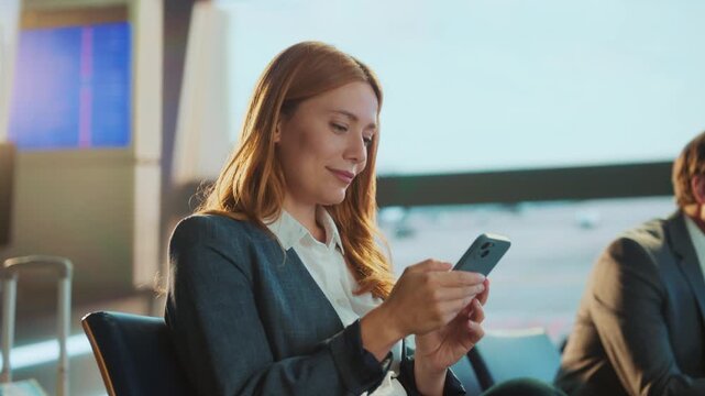 A businesswoman smiles while using her smartphone in a waiting area, possibly at an airport. Beside her, another person seems to be waiting as well.
