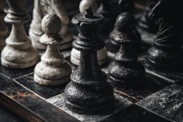 Close-up of a vintage black and white chess set with detailed carved pieces on a wooden board, demonstrating strategic game gameplay and lectual challenge