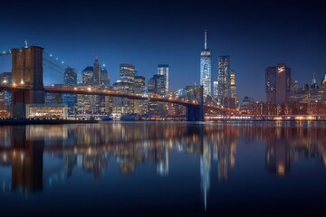 Naklejka premium Stunning night view of New York City skyline with illuminated skyscrapers and Brooklyn Bridge reflected on the river