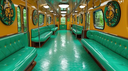 Brightly Lit Teal and Mustard Yellow Subway Car Interior