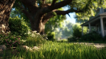 Tranquil suburban front yard with lush green grass vibrant flower bed tall tree shade and cozy house in sunny sp outdoor scene