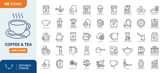 Coffee & Tea line editable icon set. Contain icons related to Coffee, tea, drinks, beverage, equipment, and more. Editable stroke. Vector illustration