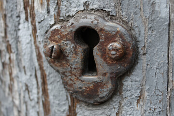 Weathered keyhole on peeling grey wooden door surface
