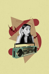 Sketch vertical poster image collage of happy girl listen music enjoy weekend party celebration...