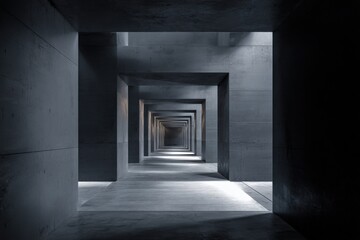 Fototapeta premium Long symmetrical concrete tunnel corridor with repetitive rectangular archways in dimly lit modern architectural structure