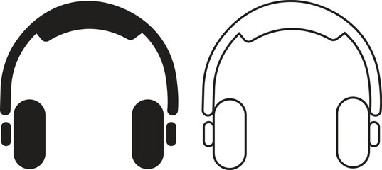 Black color headphone and headset icon set collection flat and outline styles, includes earphones, audio gear, call center tool, microphone symbols, music vectors isolated on transparent background.