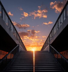 Modern architectural staircase outdoors with sunset sky colorful clouds at dusk leading upwards to a scenic horizon