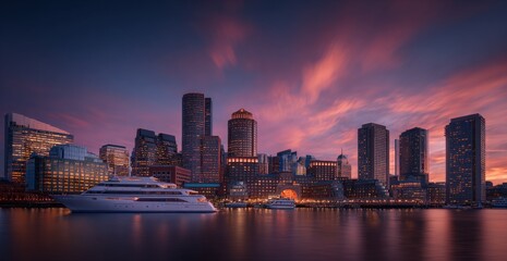 Obraz premium Modern city skyline at dusk with illuminated skyscrapers and a luxury yacht docked by the waterfront du sunset