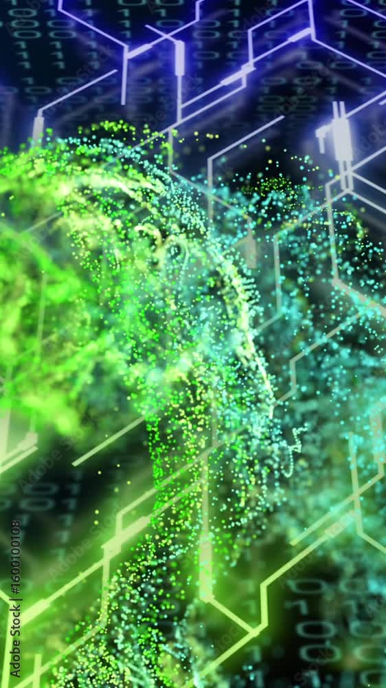 Poster Animation of green mesh, data processing over computer circuit board