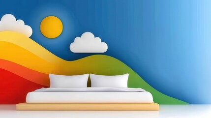 Child's Bedroom with Rainbow Wall Mural and White Bed