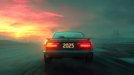Retro car on highway at sunset
