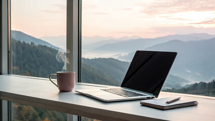 “Hand-drawn flat illustration of a sleek laptop on a minimalist desk by a large window overlooking mountains, a steaming mug and a notebook beside it, soft pastel palette—no labels or captions.”

