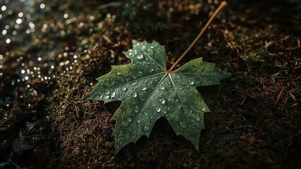 a green maple leaf covered with water droplets lying on moist forest ground. The natural light and texture highlight freshness and organic beauty.