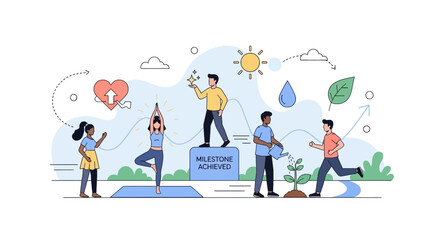 Diverse people achieving goals through wellness and growth, celebrating success and healthy living.