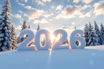 2026 Text on Snow with Winter Forest and Sun Flare