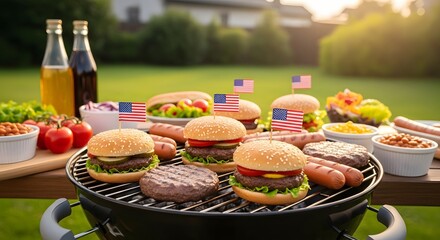 Delicious backyard barbecue feast with burgers and hot dogs