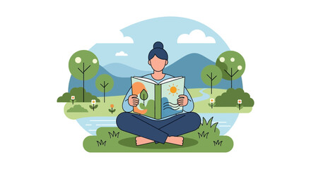 Person reading a book with nature scenes in a peaceful outdoor setting