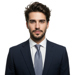 Confident young businessman in navy blue suit with a white shirt and a blue tie against transparent background