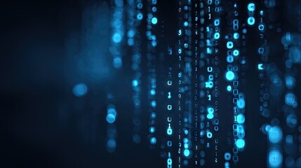 Abstract digital binary code background with glowing light effects.