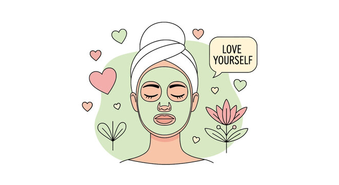 Woman enjoying spa facial mask with hearts and flower, promoting self-care and love