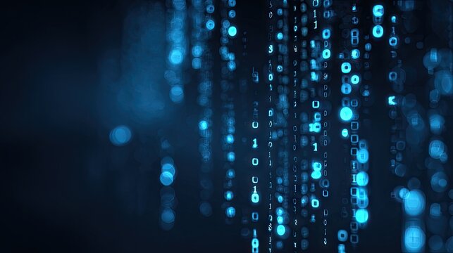Abstract digital binary code background with glowing light effects.