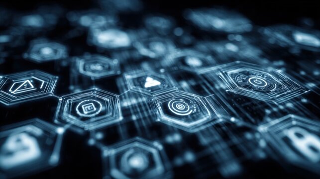 Futuristic digital technology interface with glowing holographic icons and hexagonal patterns representing connectivity and innovation