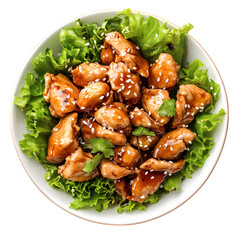 Crispy glazed chicken, garnished with spring onions and sesame on a white plate isolated on transparent background