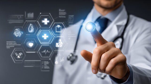 Modern healthcare technology concept with doctor using touchscreen interface to access medical data and digital health information