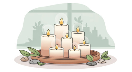 Group of lit candles on a tray with stones and leaves creating a serene spa atmosphere