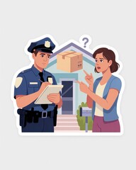 Delivery Dispute Woman and Officer Suburban Home Flat Design Illustration Outdoor Scene Concept of Aflatsticker