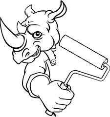 A rhino painter decorator handyman cartoon construction man mascot character holding a paint roller tool