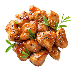 Crispy glazed chicken, garnished with spring onions and sesame on a white plate isolated on transparent background