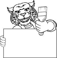 A wildcat painter decorator handyman cartoon construction man mascot character holding a paint brush tool