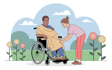 Providing Disability Support Social Worker CGI Illustration in a Serene Environment Conceptual Flat Design with Die Cut Elements