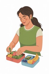 Packing a Healthy Lunchbox for Kids Concept Illustration in Flat Design Die Cut Style