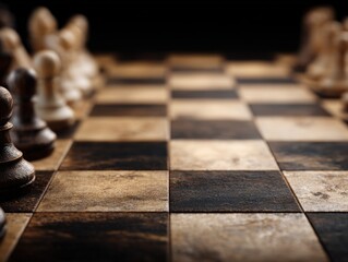 Close-up of a classic wooden chessboard with detailed dark and light square pattern ready for strategic game play