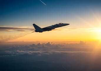 Spectacular Aerial View of a Military Jet Soaring Through a Vibrant Sunset Sky, Displaying Power and Grace Above the Clouds