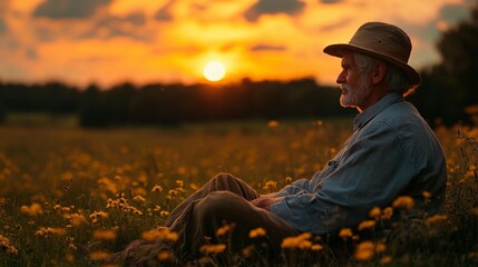 Senior man sits in a field at sunset, contemplative