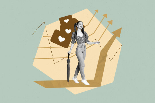 Banner creative collage of person walk having arrows graphs growing likes on green background - Powered by Adobe