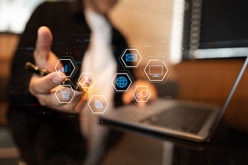 Social media digital in virtual icon, working touch screen Laptop.