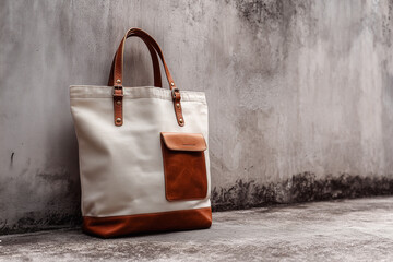 Beige Canvas Tote Bag with Leather Accents on Concrete Wall