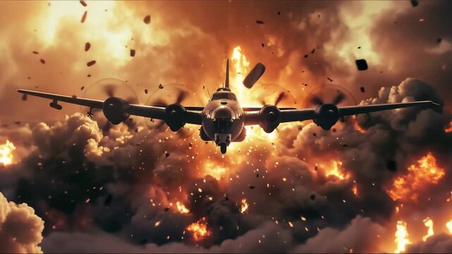 A large plane flies against a backdrop of fire. Debris from the bombing is scattered around.