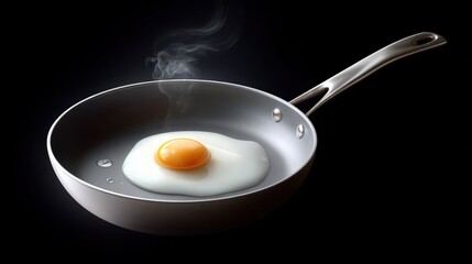 Close-up of a cooked sunny side up egg frying in a black non-stick pan with smoke rising on a dark background